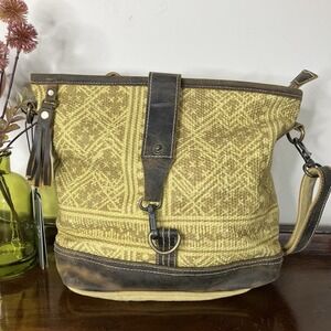 Myra Bag Fervor Shoulder Purse Golden Yellow Brown Leather Trim Boho Artsy NEW